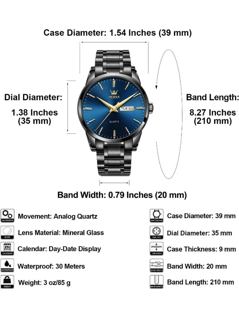 Olevs Men's Black Blue Luxury Stainless Steel Big Analog Quartz Luminous Watch